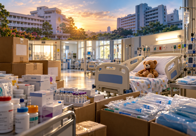 Hospital supplies and paediatric care representing shortages at Lady Ridgeway and Apeksha hospitals in Sri Lanka.