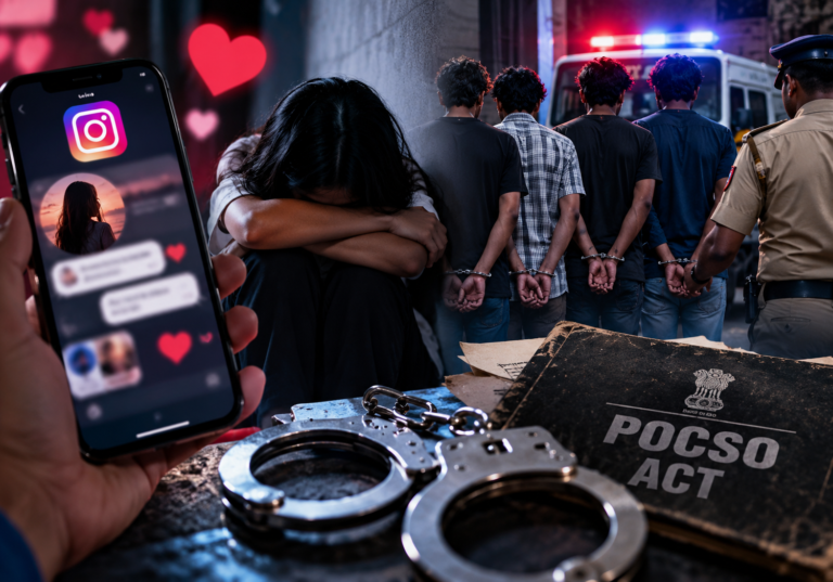 Police and smartphone imagery representing a Kanyakumari POCSO investigation involving alleged online grooming.