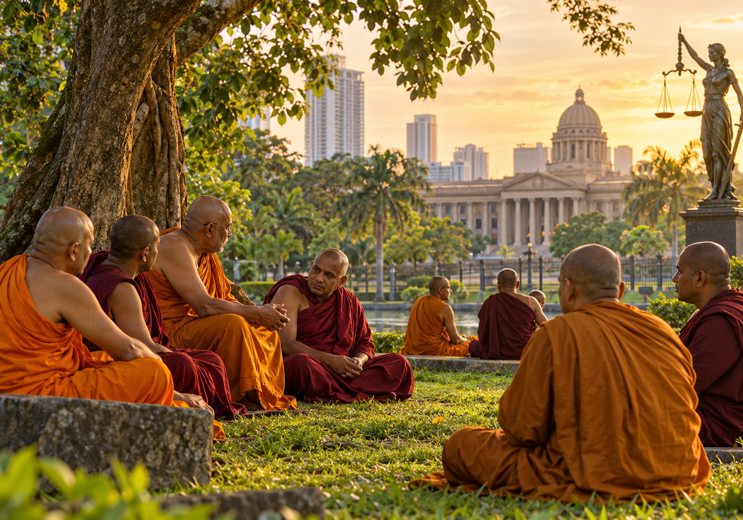 An illustration representing the Buddhist monks' protest over Gnanasara Thero's imprisonment and the constitutional questions surrounding the dispute.