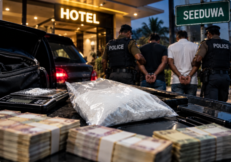 Police narcotics investigation at a Seeduwa hotel car park following the seizure of 500 grams of cocaine.