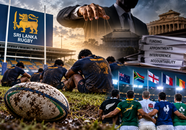 Sri Lankan rugby players representing the wider governance and institutional crisis affecting the sport.