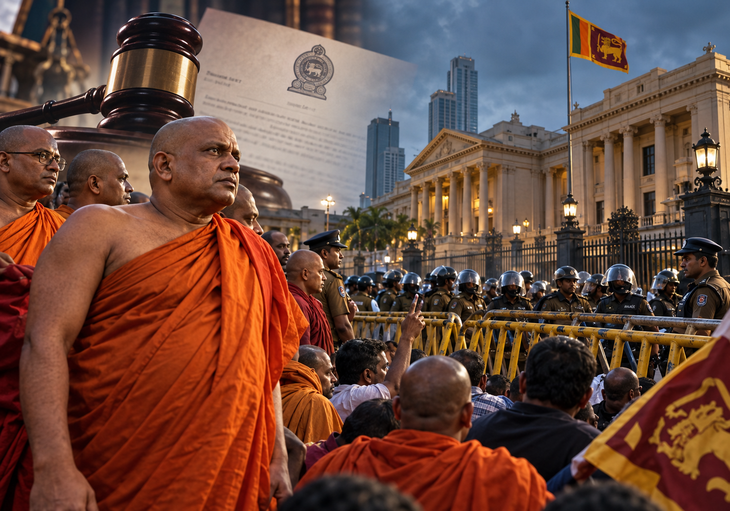 Buddhist monks and supporters protesting outside the Presidential Secretariat in Colombo over the imprisonment of Gnanasara Thero.