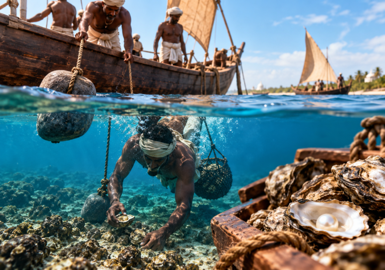Historic Ceylon pearl divers working from traditional boats in the Gulf of Mannar